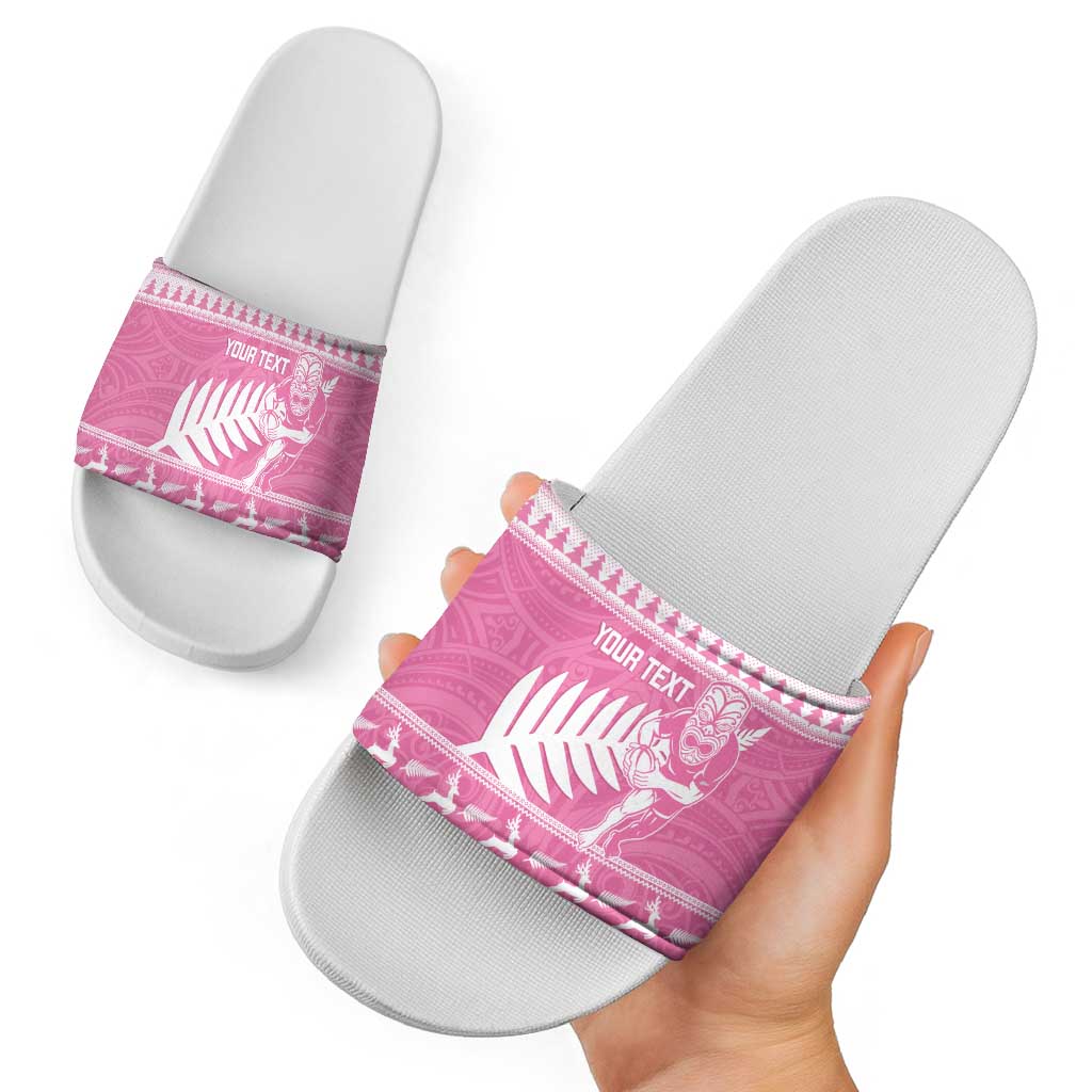 New Zealand Christmas Rugby Personalised Slide Sandals Meri Kirihimete All Black Maori Pink Version LT14 - Polynesian Pride