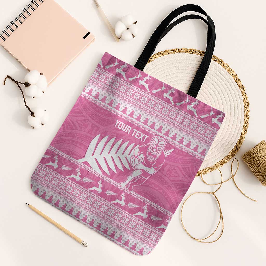 New Zealand Christmas Rugby Personalised Tote Bag Meri Kirihimete All Black Maori Pink Version LT14 Black Strap One Size Pink - Polynesian Pride