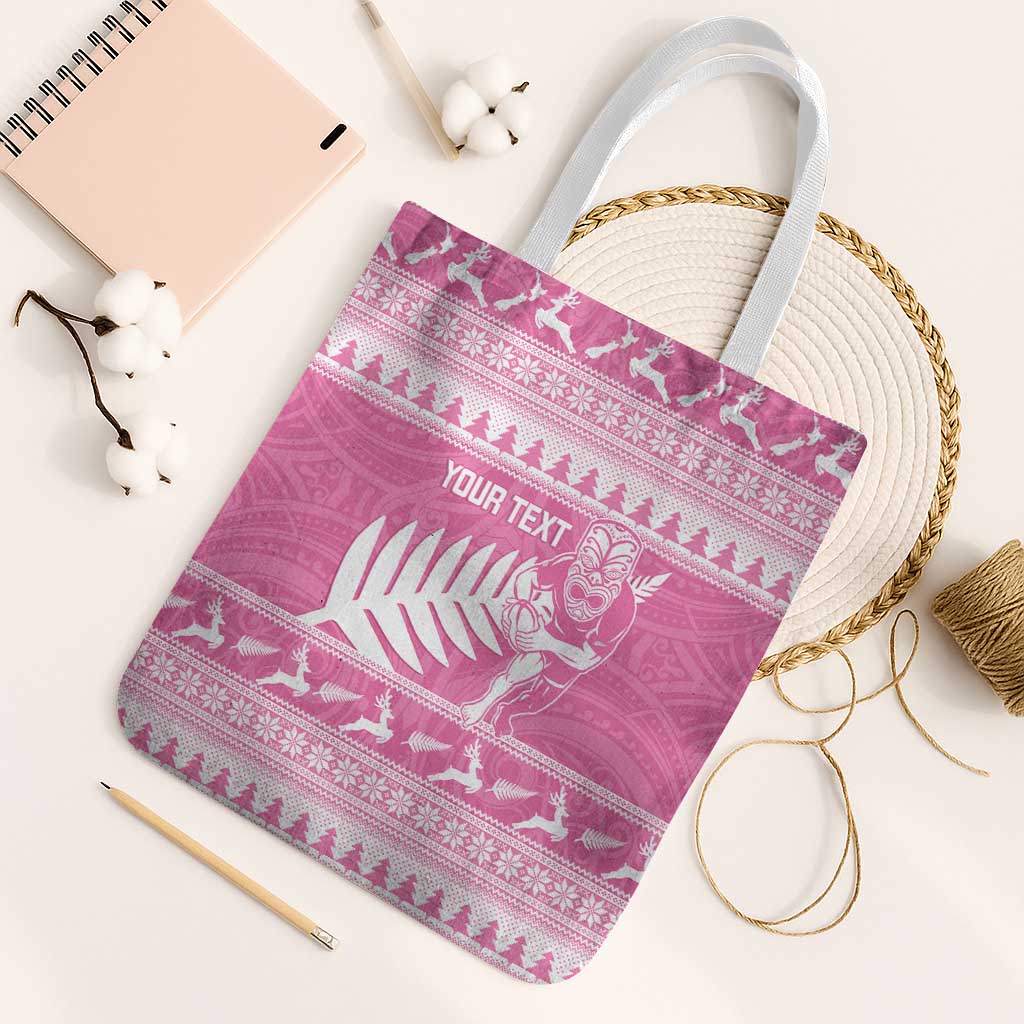 New Zealand Christmas Rugby Personalised Tote Bag Meri Kirihimete All Black Maori Pink Version LT14 White Strap One Size Pink - Polynesian Pride