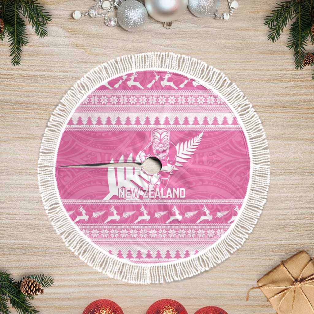 New Zealand Christmas Rugby Tree Skirt Meri Kirihimete All Black Maori Pink Version LT14 Fringed Pink - Polynesian Pride
