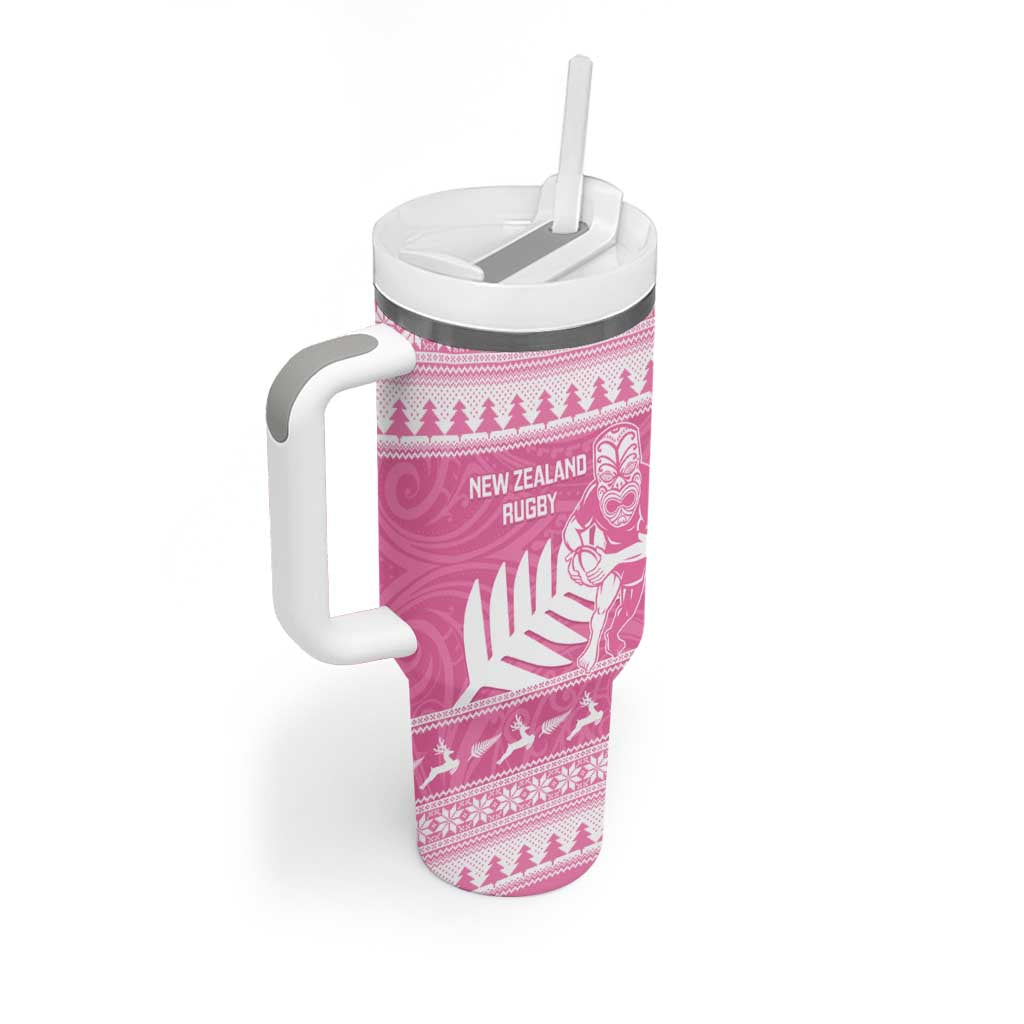 New Zealand Christmas Rugby Personalised Tumbler With Handle Meri Kirihimete All Black Maori Pink Version LT14 - Polynesian Pride
