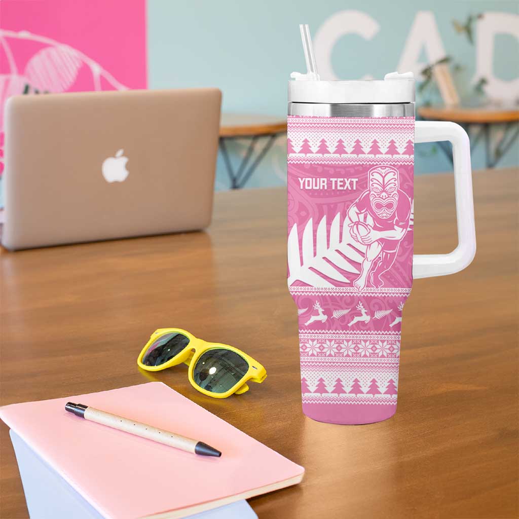New Zealand Christmas Rugby Personalised Tumbler With Handle Meri Kirihimete All Black Maori Pink Version LT14 - Polynesian Pride