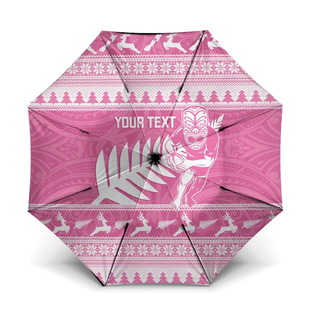 New Zealand Christmas Rugby Personalised Umbrella Meri Kirihimete All Black Maori Pink Version LT14 One Size Folded 11.42 inch Opened Diameter 37.4 inch Pink - Polynesian Pride