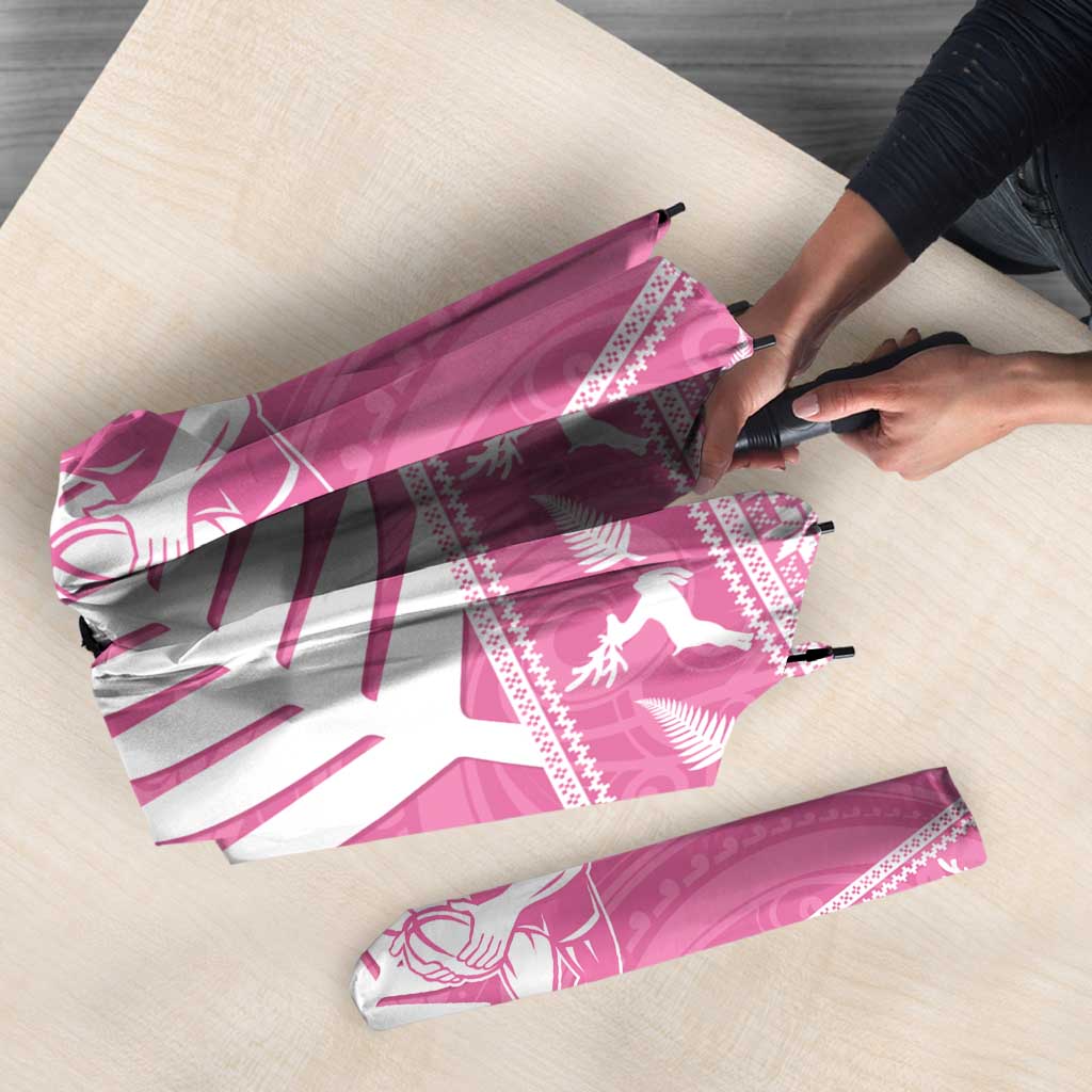 New Zealand Christmas Rugby Personalised Umbrella Meri Kirihimete All Black Maori Pink Version LT14 - Polynesian Pride
