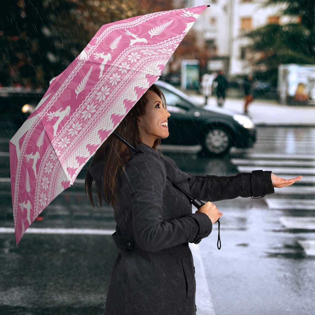 New Zealand Christmas Rugby Personalised Umbrella Meri Kirihimete All Black Maori Pink Version LT14 - Polynesian Pride
