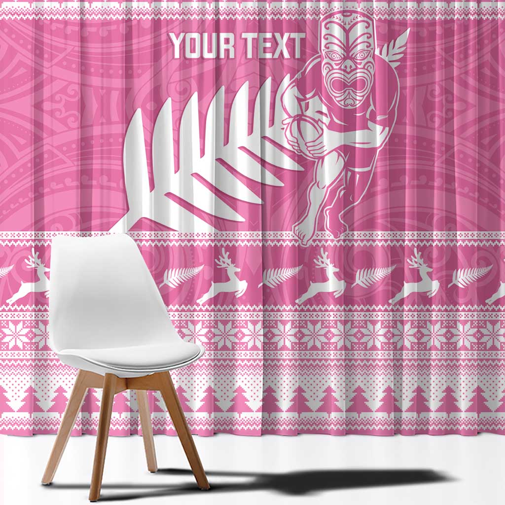 New Zealand Christmas Rugby Personalised Window Curtain Meri Kirihimete All Black Maori Pink Version LT14 - Polynesian Pride
