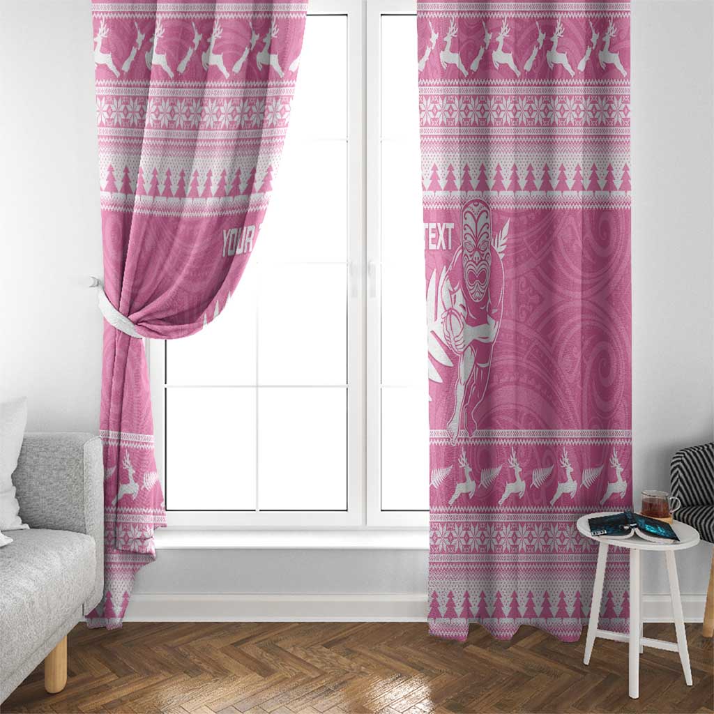 New Zealand Christmas Rugby Personalised Window Curtain Meri Kirihimete All Black Maori Pink Version LT14 - Polynesian Pride