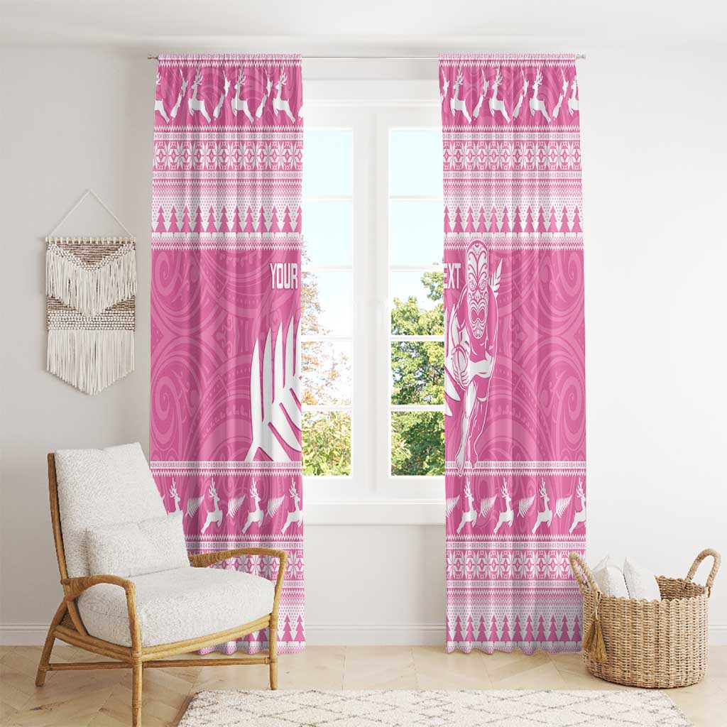 New Zealand Christmas Rugby Personalised Window Curtain Meri Kirihimete All Black Maori Pink Version LT14 - Polynesian Pride