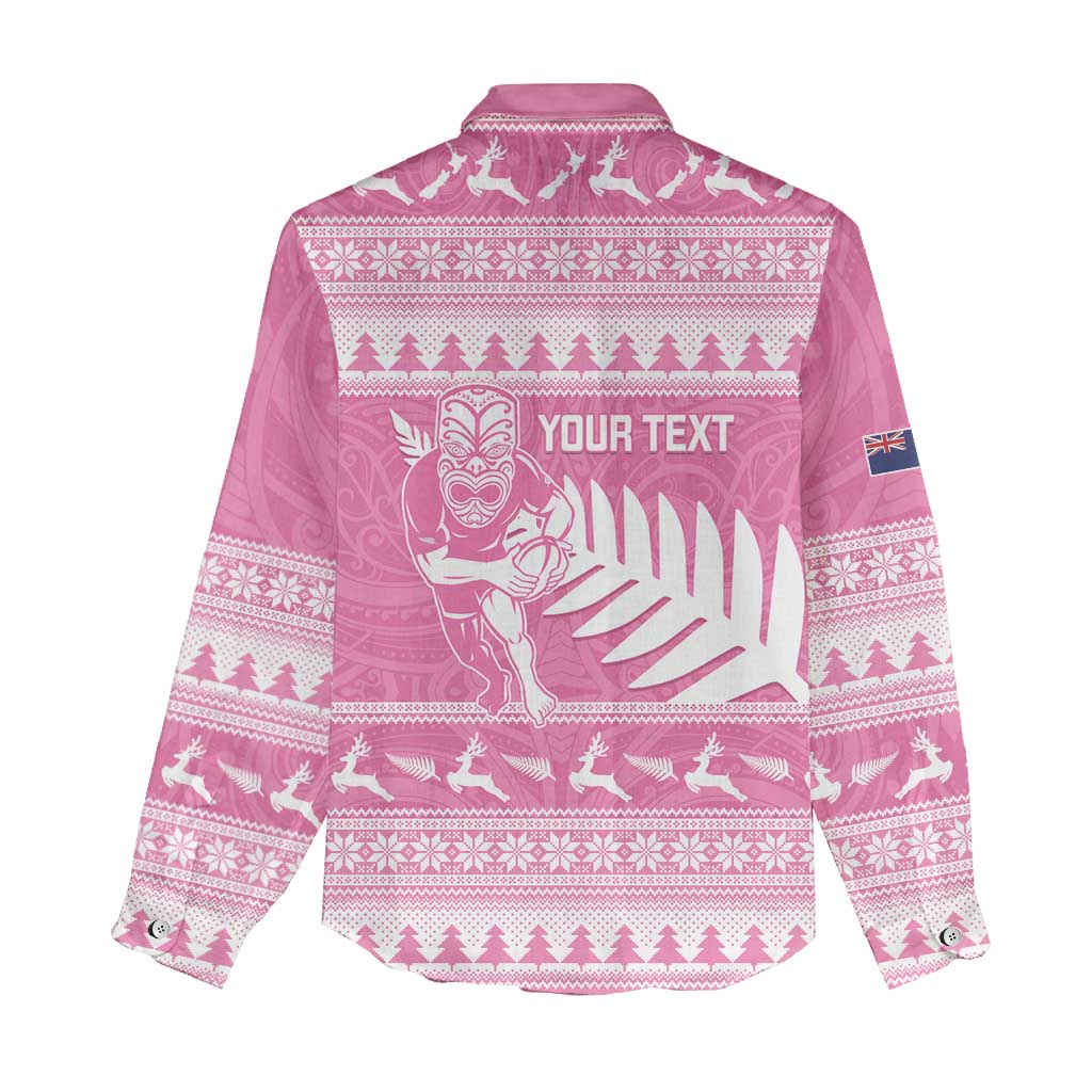 New Zealand Christmas Rugby Personalised Women Casual Shirt Meri Kirihimete All Black Maori Pink Version - Polynesian Pride