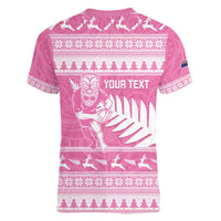 New Zealand Christmas Rugby Personalised Women V-Neck T-Shirt Meri Kirihimete All Black Maori Pink Version LT14 - Polynesian Pride