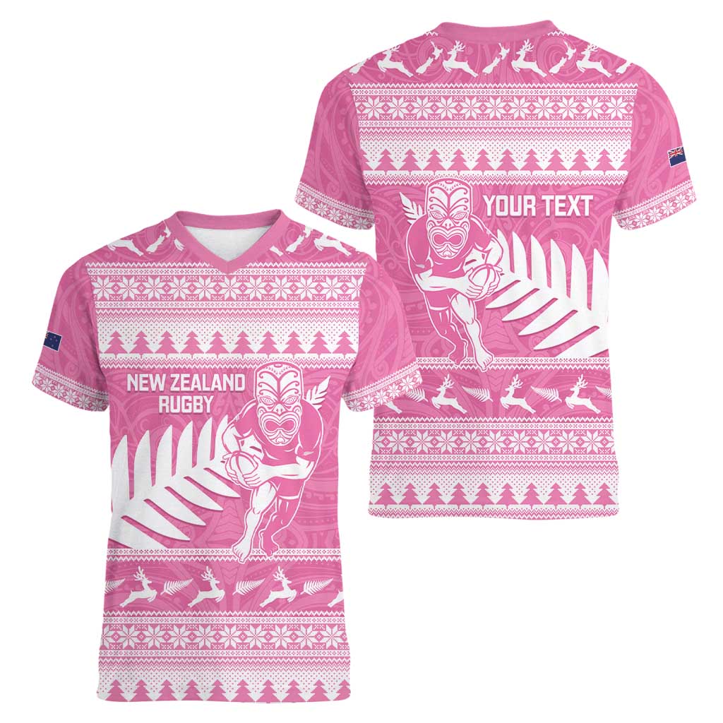 New Zealand Christmas Rugby Personalised Women V-Neck T-Shirt Meri Kirihimete All Black Maori Pink Version LT14 - Polynesian Pride