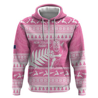 New Zealand Christmas Rugby Personalised Zip Hoodie Meri Kirihimete All Black Maori Pink Version LT14 Zip Hoodie Pink - Polynesian Pride