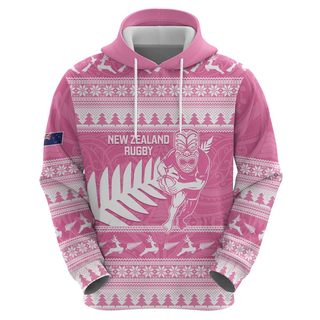 New Zealand Christmas Rugby Personalised Zip Hoodie Meri Kirihimete All Black Maori Pink Version LT14 - Polynesian Pride