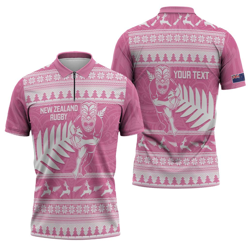 New Zealand Christmas Rugby Personalised Zipper Polo Shirt Meri Kirihimete All Black Maori Pink Version LT14 - Polynesian Pride