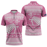 New Zealand Christmas Rugby Personalised Zipper Polo Shirt Meri Kirihimete All Black Maori Pink Version LT14 - Polynesian Pride