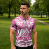 New Zealand Christmas Rugby Personalised Zipper Polo Shirt Meri Kirihimete All Black Maori Pink Version LT14 - Polynesian Pride