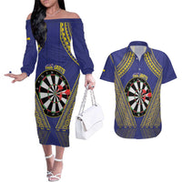 Personalised Niue Darts Couples Matching Off The Shoulder Long Sleeve Dress and Hawaiian Shirt Dart Board Hiapo Pattern LT14 Blue - Polynesian Pride