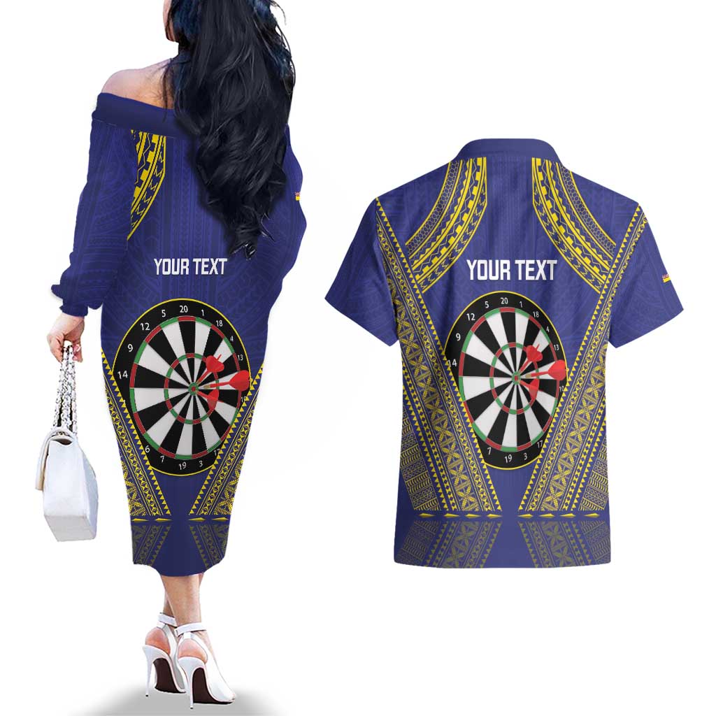 Personalised Niue Darts Couples Matching Off The Shoulder Long Sleeve Dress and Hawaiian Shirt Dart Board Hiapo Pattern LT14 - Polynesian Pride