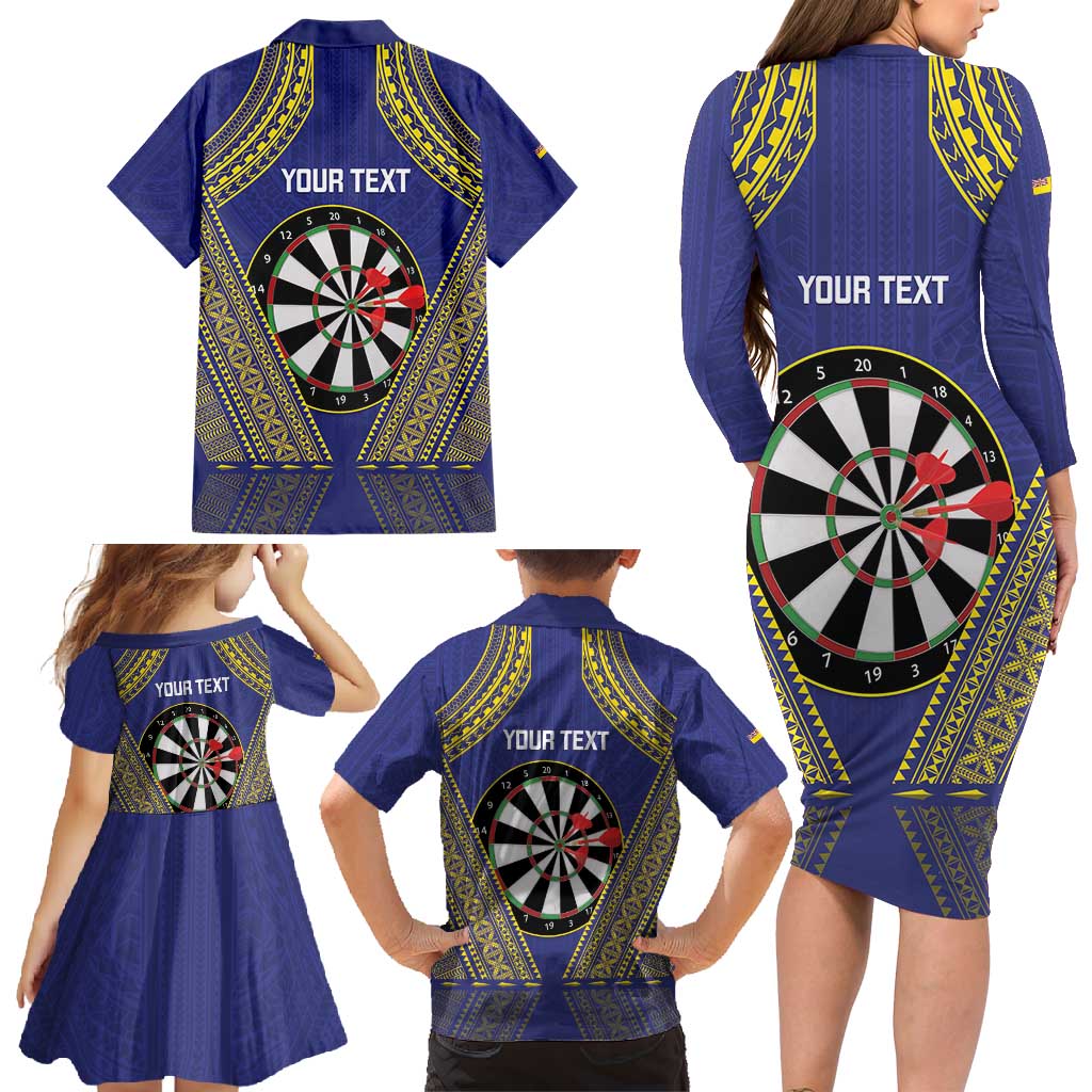Personalised Niue Darts Family Matching Long Sleeve Bodycon Dress and Hawaiian Shirt Dart Board Hiapo Pattern LT14 - Polynesian Pride
