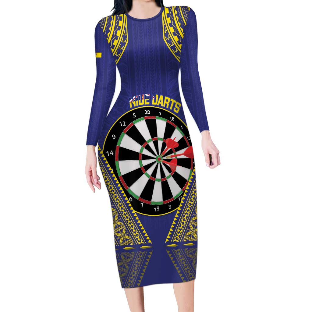 Personalised Niue Darts Family Matching Long Sleeve Bodycon Dress and Hawaiian Shirt Dart Board Hiapo Pattern LT14 Mom's Dress Blue - Polynesian Pride