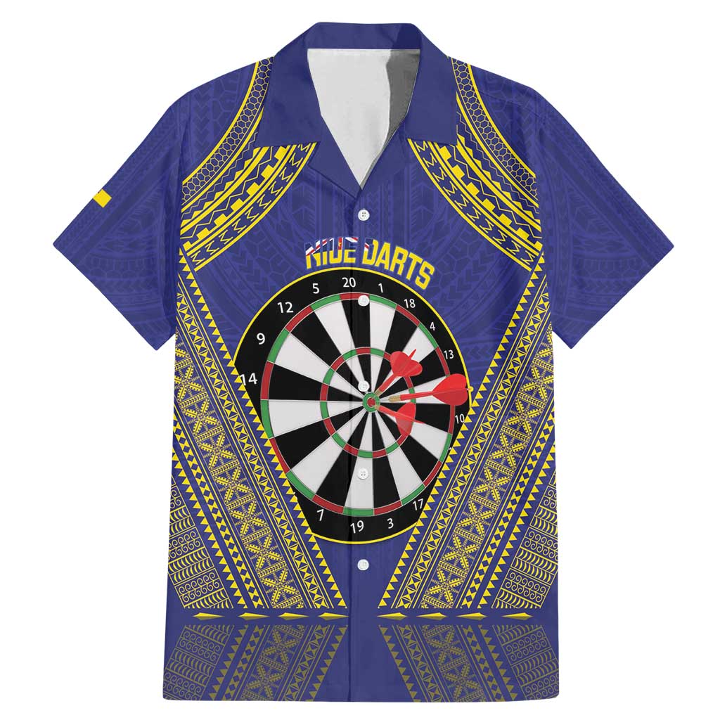 Personalised Niue Darts Family Matching Mermaid Dress and Hawaiian Shirt Dart Board Hiapo Pattern LT14 Dad's Shirt - Short Sleeve Blue - Polynesian Pride