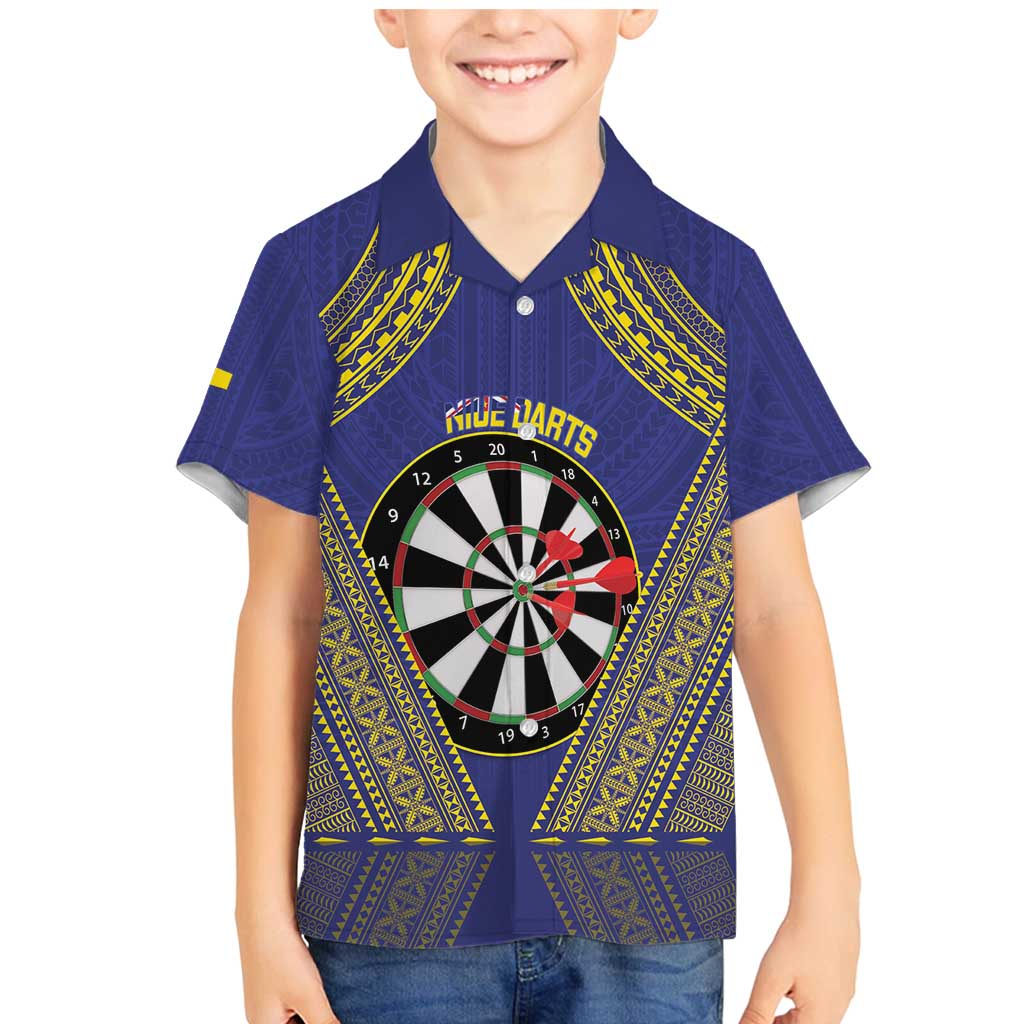 Personalised Niue Darts Family Matching Mermaid Dress and Hawaiian Shirt Dart Board Hiapo Pattern LT14 Son's Shirt Blue - Polynesian Pride