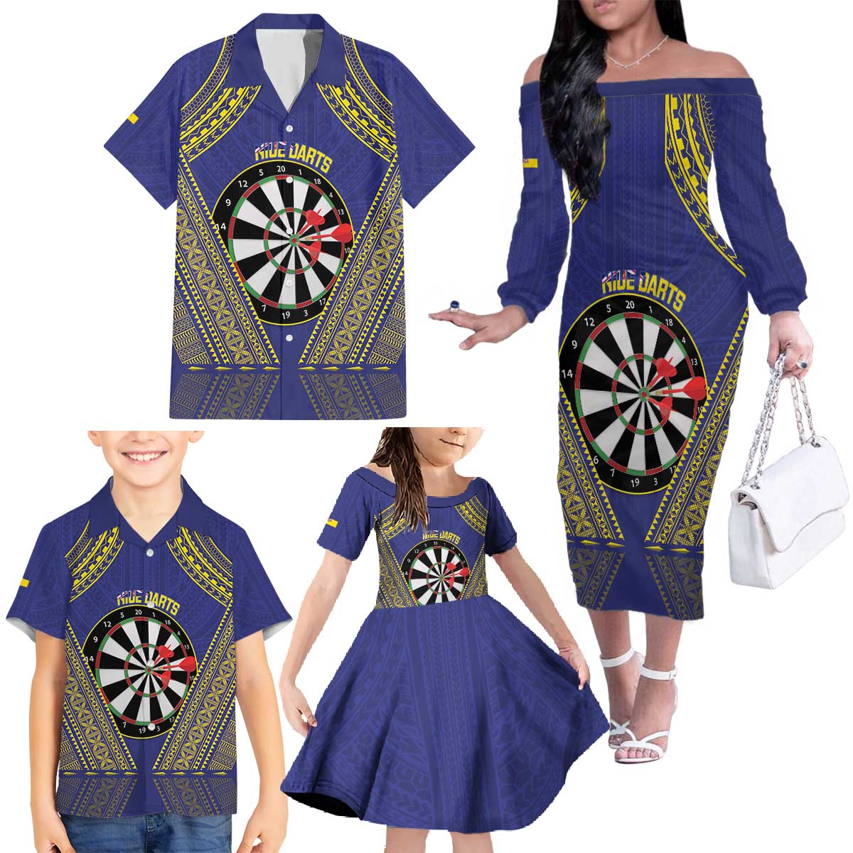 Personalised Niue Darts Family Matching Off The Shoulder Long Sleeve Dress and Hawaiian Shirt Dart Board Hiapo Pattern LT14 - Polynesian Pride