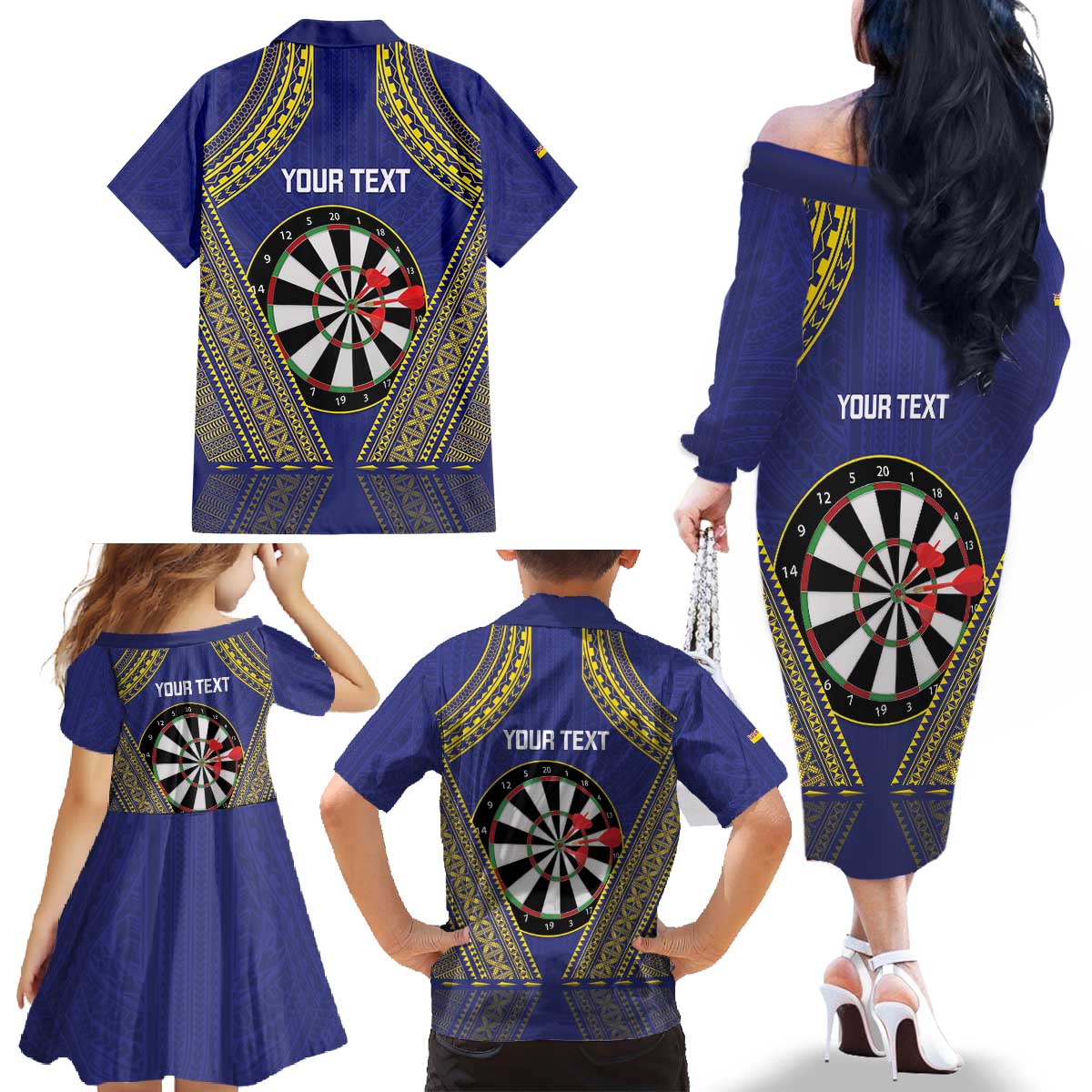 Personalised Niue Darts Family Matching Off The Shoulder Long Sleeve Dress and Hawaiian Shirt Dart Board Hiapo Pattern LT14 - Polynesian Pride