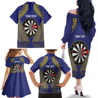 Personalised Niue Darts Family Matching Off The Shoulder Long Sleeve Dress and Hawaiian Shirt Dart Board Hiapo Pattern LT14 - Polynesian Pride