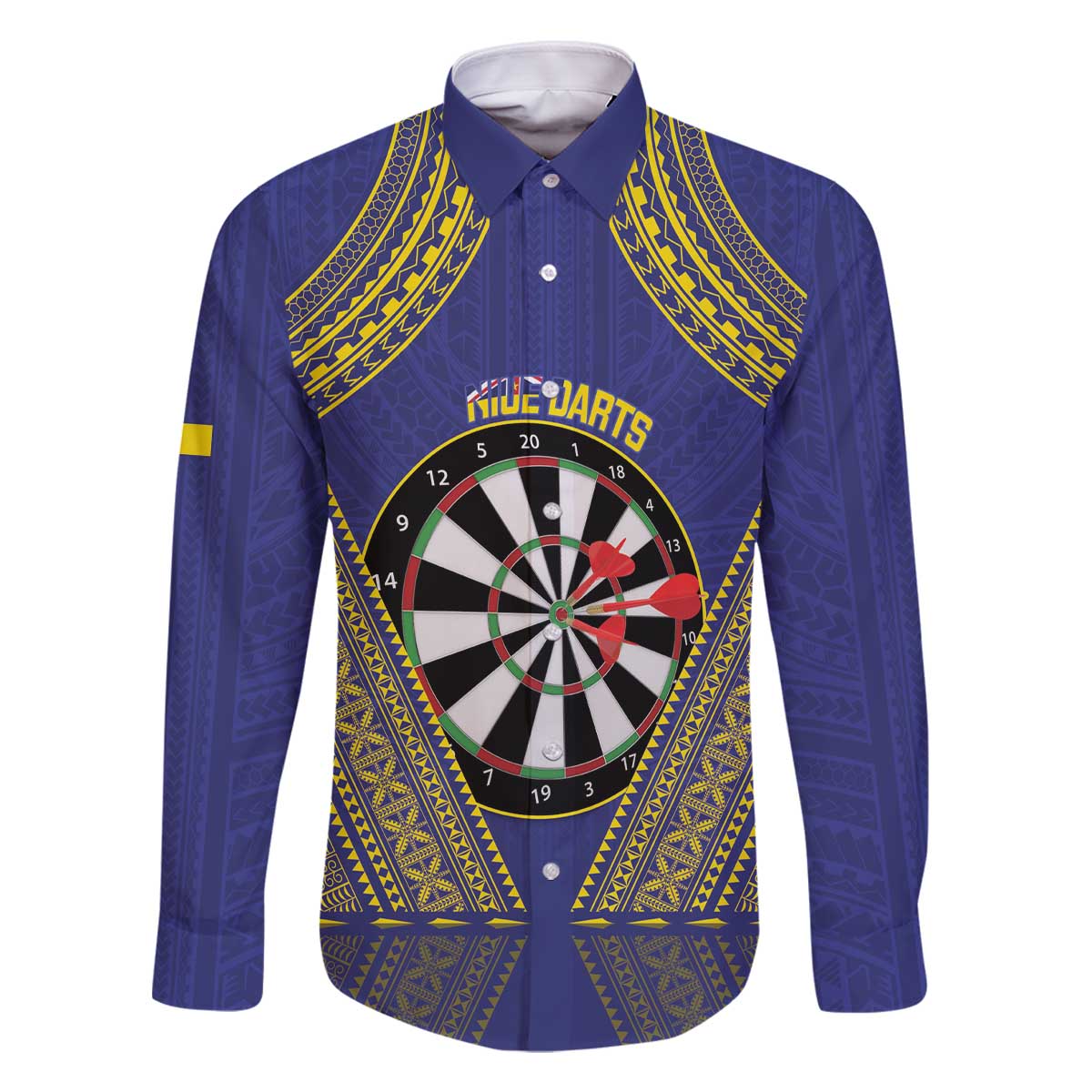 Personalised Niue Darts Family Matching Off The Shoulder Long Sleeve Dress and Hawaiian Shirt Dart Board Hiapo Pattern LT14 Dad's Shirt - Long Sleeve Blue - Polynesian Pride