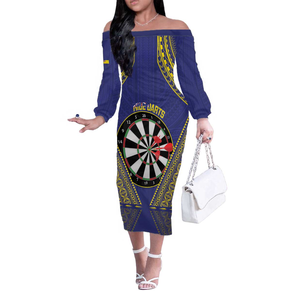 Personalised Niue Darts Family Matching Off The Shoulder Long Sleeve Dress and Hawaiian Shirt Dart Board Hiapo Pattern LT14 Mom's Dress Blue - Polynesian Pride
