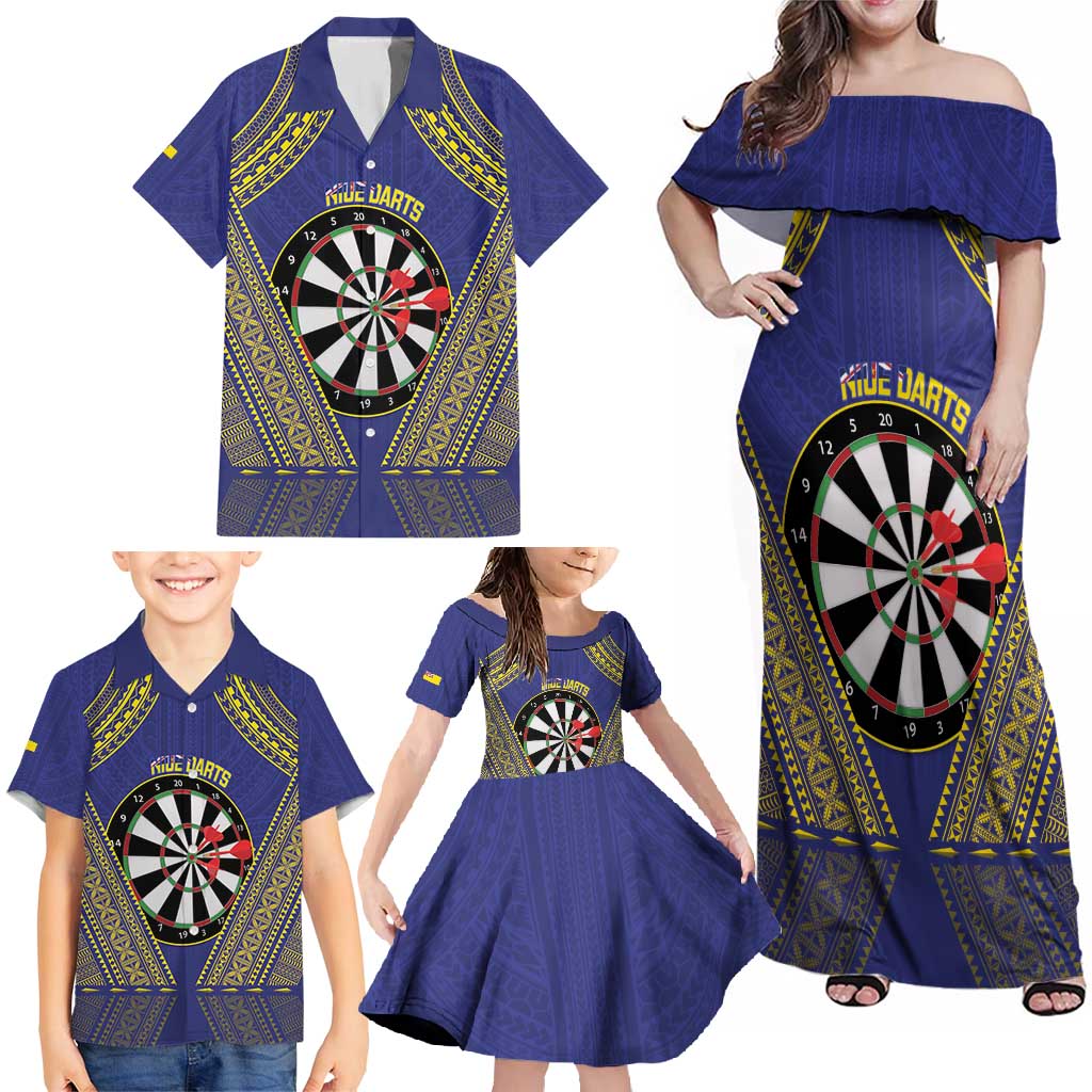 Personalised Niue Darts Family Matching Off Shoulder Maxi Dress and Hawaiian Shirt Dart Board Hiapo Pattern LT14 - Polynesian Pride