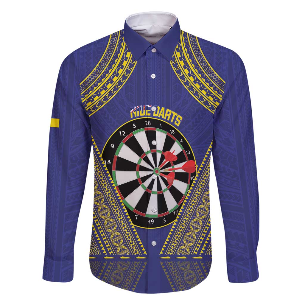 Personalised Niue Darts Family Matching Off Shoulder Maxi Dress and Hawaiian Shirt Dart Board Hiapo Pattern LT14 Dad's Shirt - Long Sleeve Blue - Polynesian Pride