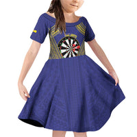 Personalised Niue Darts Family Matching Off Shoulder Short Dress and Hawaiian Shirt Dart Board Hiapo Pattern LT14 Daughter's Dress Blue - Polynesian Pride