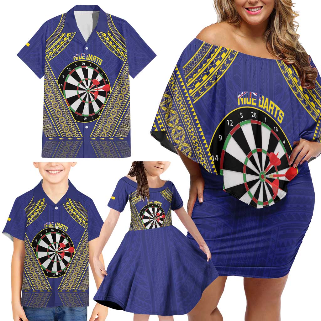 Personalised Niue Darts Family Matching Off Shoulder Short Dress and Hawaiian Shirt Dart Board Hiapo Pattern LT14 - Polynesian Pride