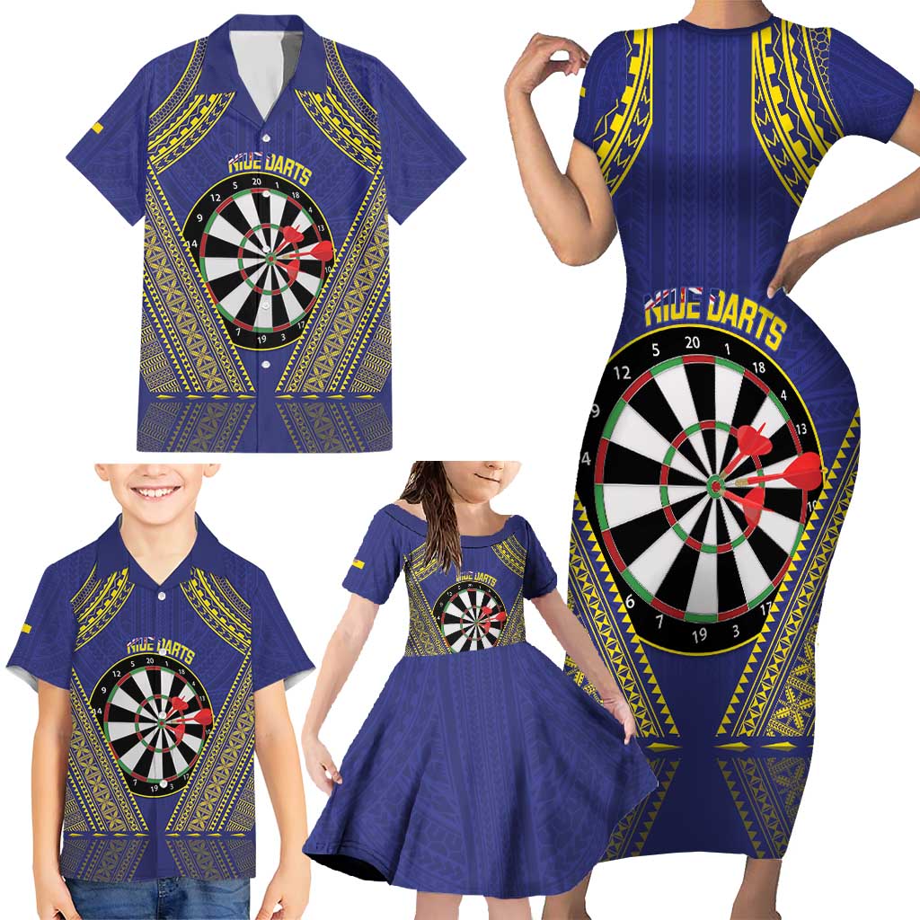 Personalised Niue Darts Family Matching Short Sleeve Bodycon Dress and Hawaiian Shirt Dart Board Hiapo Pattern LT14 - Polynesian Pride