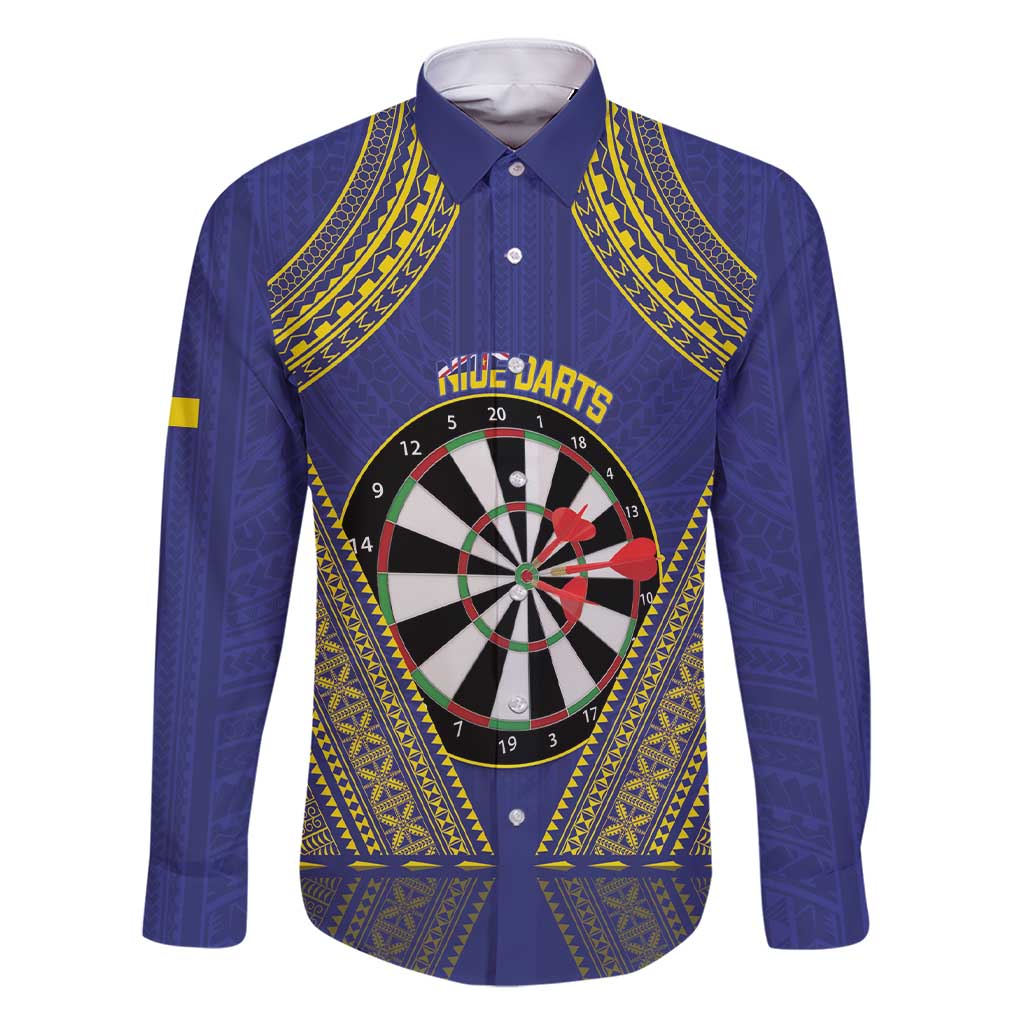 Personalised Niue Darts Family Matching Short Sleeve Bodycon Dress and Hawaiian Shirt Dart Board Hiapo Pattern LT14 Dad's Shirt - Long Sleeve Blue - Polynesian Pride