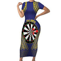 Personalised Niue Darts Family Matching Short Sleeve Bodycon Dress and Hawaiian Shirt Dart Board Hiapo Pattern LT14 Mom's Dress Blue - Polynesian Pride