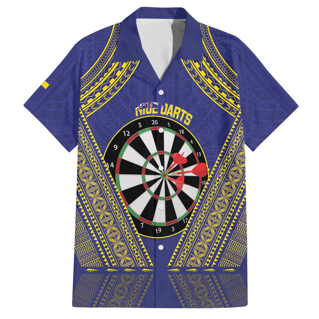 Personalised Niue Darts Family Matching Summer Maxi Dress and Hawaiian Shirt Dart Board Hiapo Pattern LT14 Dad's Shirt - Short Sleeve Blue - Polynesian Pride