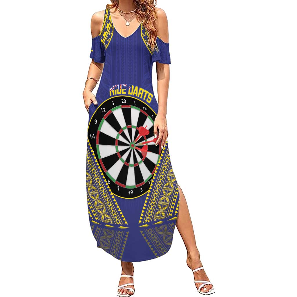 Personalised Niue Darts Family Matching Summer Maxi Dress and Hawaiian Shirt Dart Board Hiapo Pattern LT14 Mom's Dress Blue - Polynesian Pride