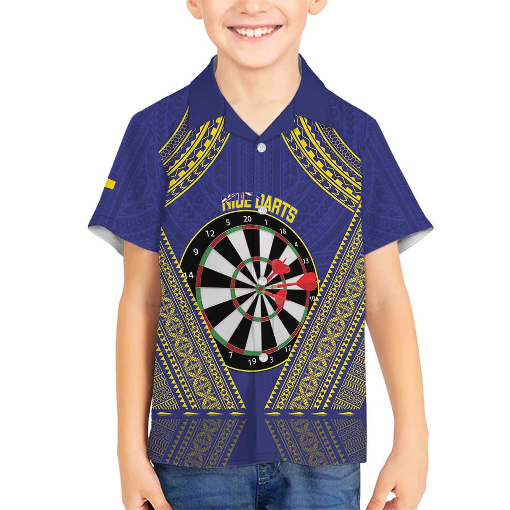 Personalised Niue Darts Family Matching Summer Maxi Dress and Hawaiian Shirt Dart Board Hiapo Pattern LT14 Son's Shirt Blue - Polynesian Pride