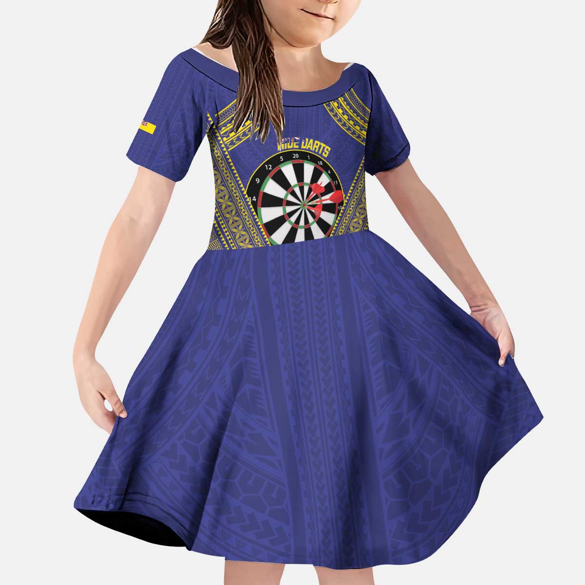 Personalised Niue Darts Kid Short Sleeve Dress Dart Board Hiapo Pattern LT14 KID Blue - Polynesian Pride