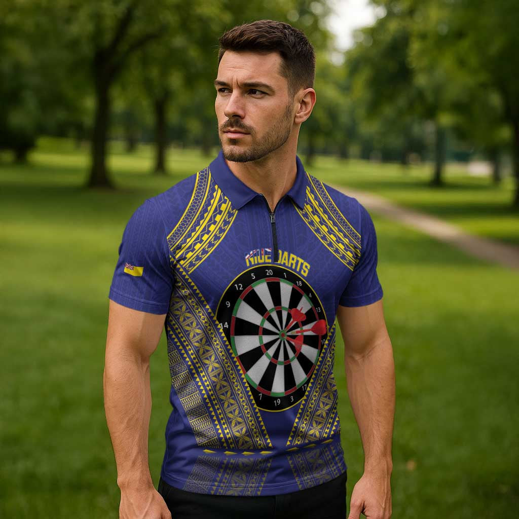 Personalised Niue Darts Zipper Polo Shirt Dart Board Hiapo Pattern LT14 - Polynesian Pride