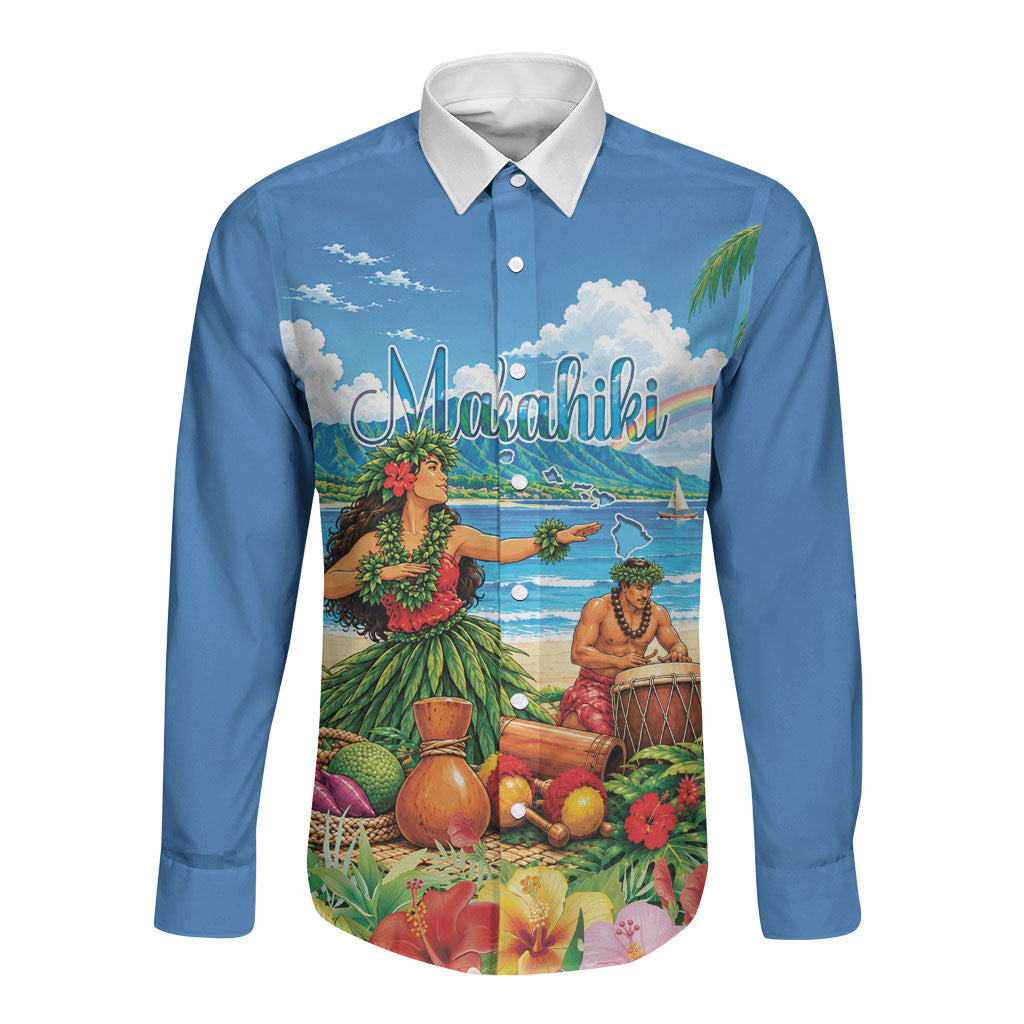 Hawaii Makahiki Long Sleeve Button Shirt Hawaiian New Year Tropical Vibes LT14 Unisex Blue - Polynesian Pride