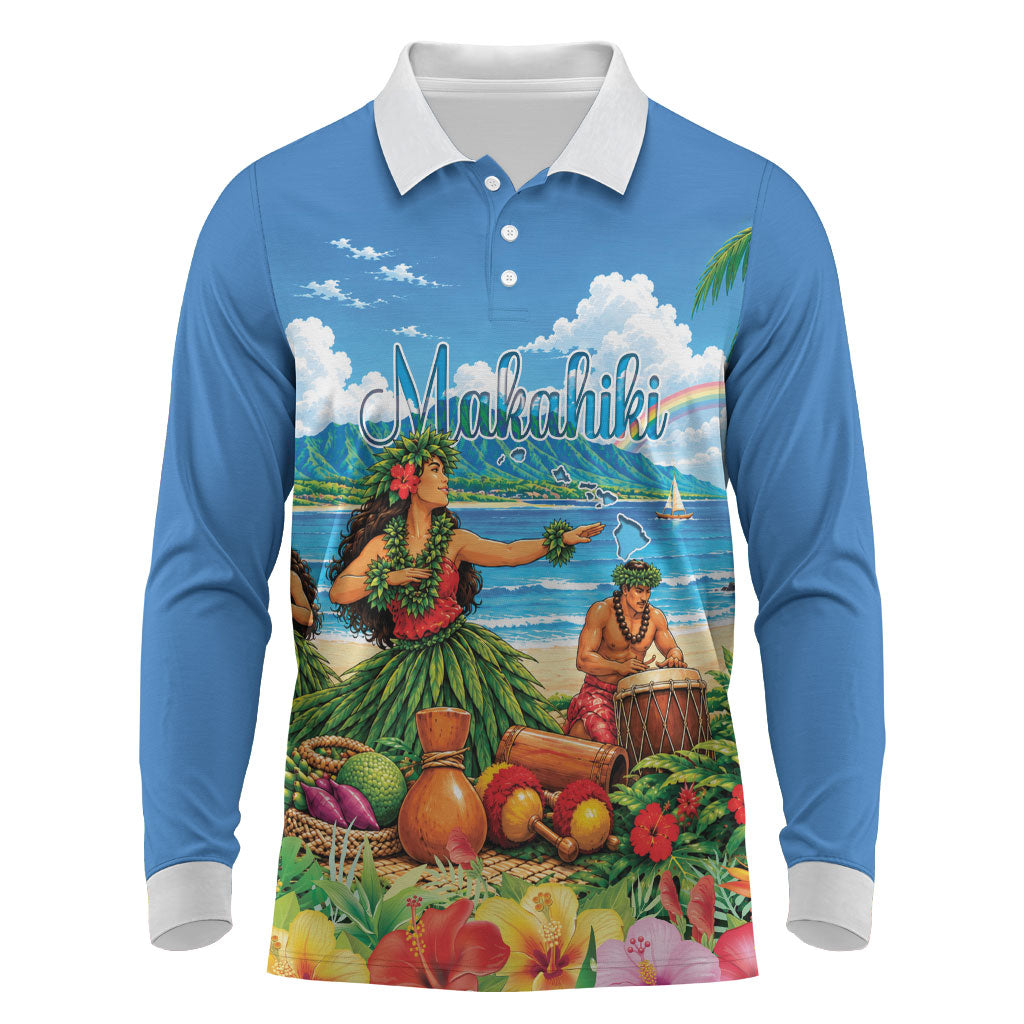 Hawaii Makahiki Long Sleeve Polo Shirt Hawaiian New Year Tropical Vibes LT14 Blue - Polynesian Pride