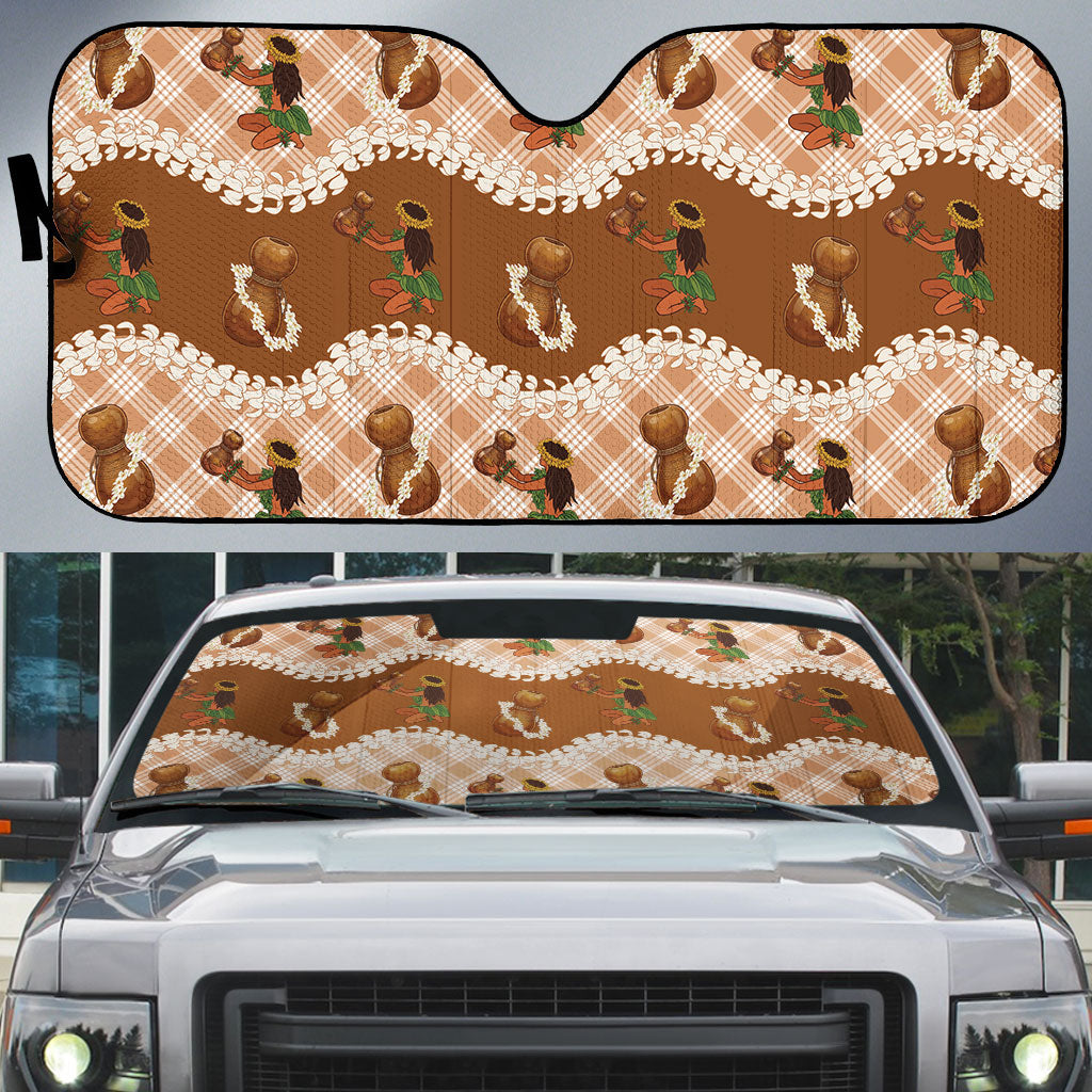 Ipu Heke Hawaii Makahiki Auto Sun Shade Hawaiian Puakenikeni Lei Hula Girl Palaka Motifs LT14 Brown - Polynesian Pride