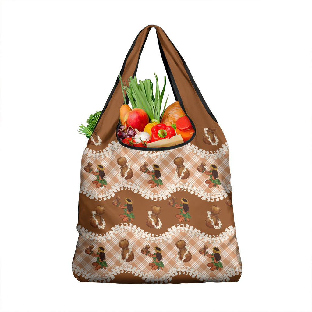 Ipu Heke Hawaii Makahiki Grocery Bag Hawaiian Puakenikeni Lei Hula Girl Palaka Motifs LT14 1-pack One Size Brown - Polynesian Pride