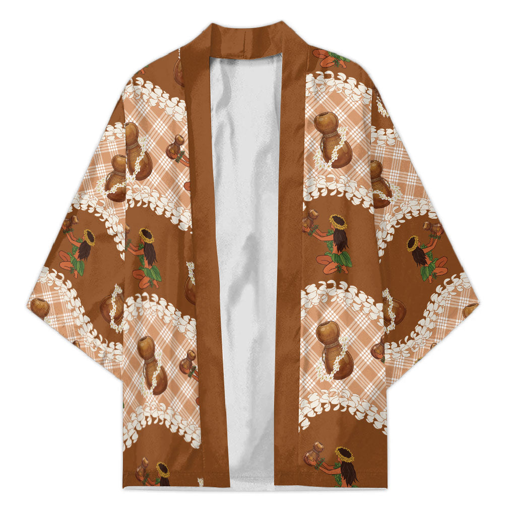 Ipu Heke Hawaii Makahiki Kimono Hawaiian Puakenikeni Lei Hula Girl Palaka Motifs LT14 Unisex Brown - Polynesian Pride