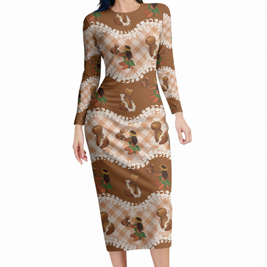 Ipu Heke Hawaii Makahiki Long Sleeve Bodycon Dress Hawaiian Puakenikeni Lei Hula Girl Palaka Motifs LT14 Long Dress Brown - Polynesian Pride