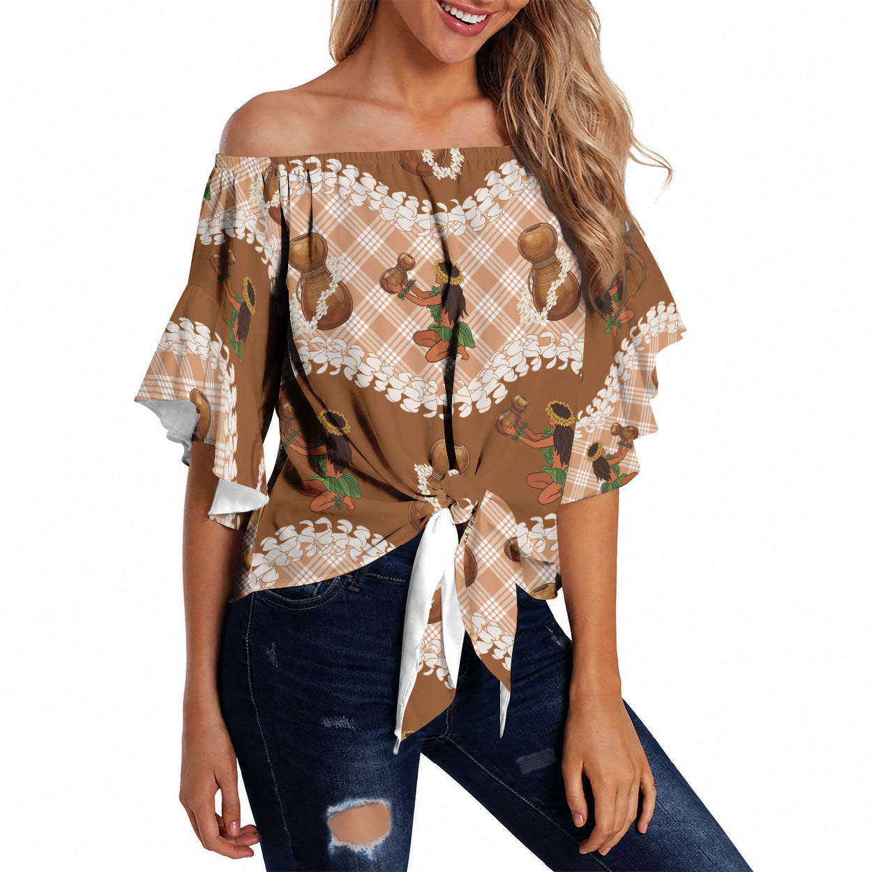 Ipu Heke Hawaii Makahiki Off Shoulder Wrap Waist Top Hawaiian Puakenikeni Lei Hula Girl Palaka Motifs LT14 Brown - Polynesian Pride